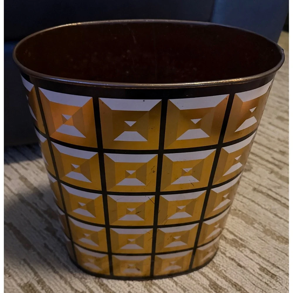 VTG Mid Century HARVELL Black &  Gold Geometric Trash Can Oval 12.5in